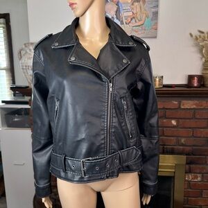 Black Faux Leather Moto Jacket -XS